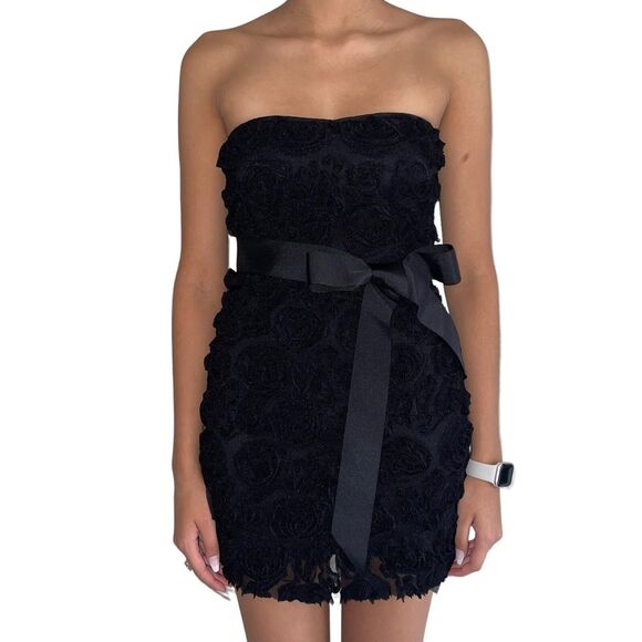 Zara Evening Strapless Dress Size S City Party Bodycon Black Raised Tulle Roses - Picture 14 of 14
